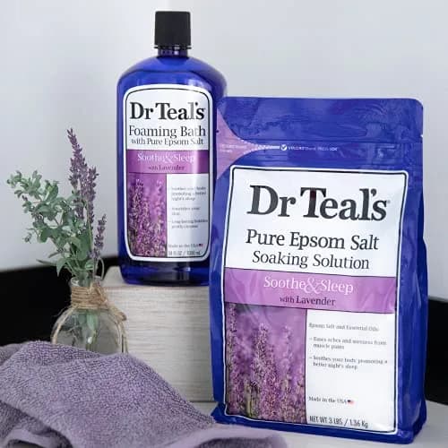 Dr Teal's Epsom Salt Soaking Solution & Foaming Bath Combo Pack, Lavender - 3 lb Salt & 34 fl oz Foaming Bath | Soothes Body & Mind thumbnail 5