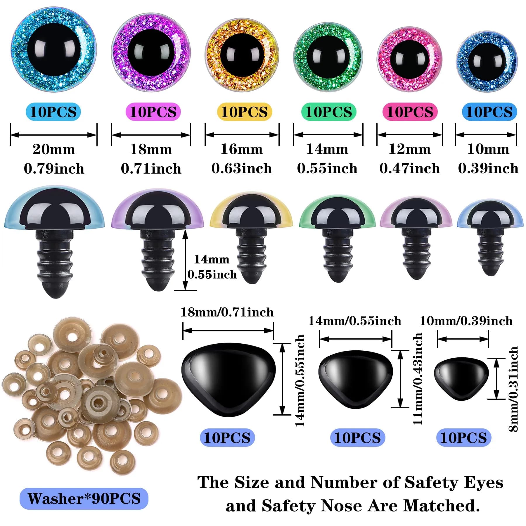 UPINS 180 Pcs Large Colored Safety Eyes and Noses with Washers | 10-20mm Eyes, 9-14mm Noses - view 2