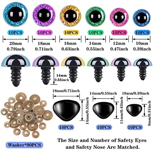 UPINS 180 Pcs Large Colored Safety Eyes and Noses with Washers | 10-20mm Eyes, 9-14mm Noses thumbnail 2