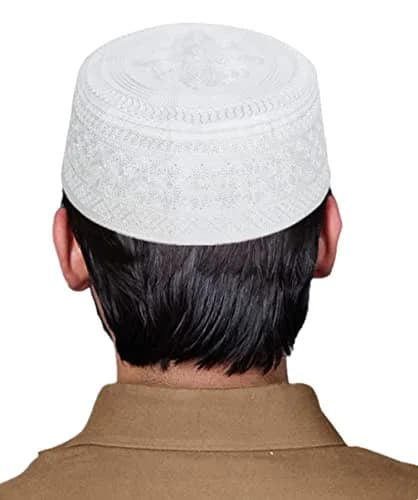 Ibluelover Men Muslim Prayer Kufi Hat Breathable Embroidery Kofia Topi Sunhat Islam Kufi Headware Praying Beanie White | Breathable, Embroidered, One Size thumbnail 2