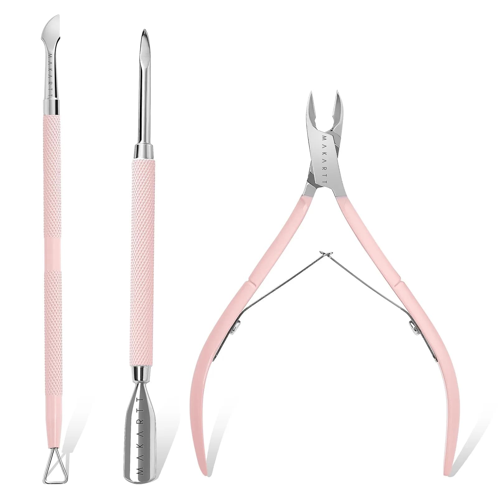 Makartt Pink 3 Pcs Cuticle Nipper Set with Pusher & Scraper | Professional Stainless Steel Nail Care Tools