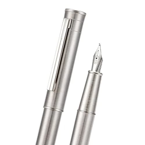 Asvine Hongdian 1861 Stainless Steel Fountain Pen Bent Nib with Converter & Metal Pen Case Set | Smooth Writing thumbnail 1
