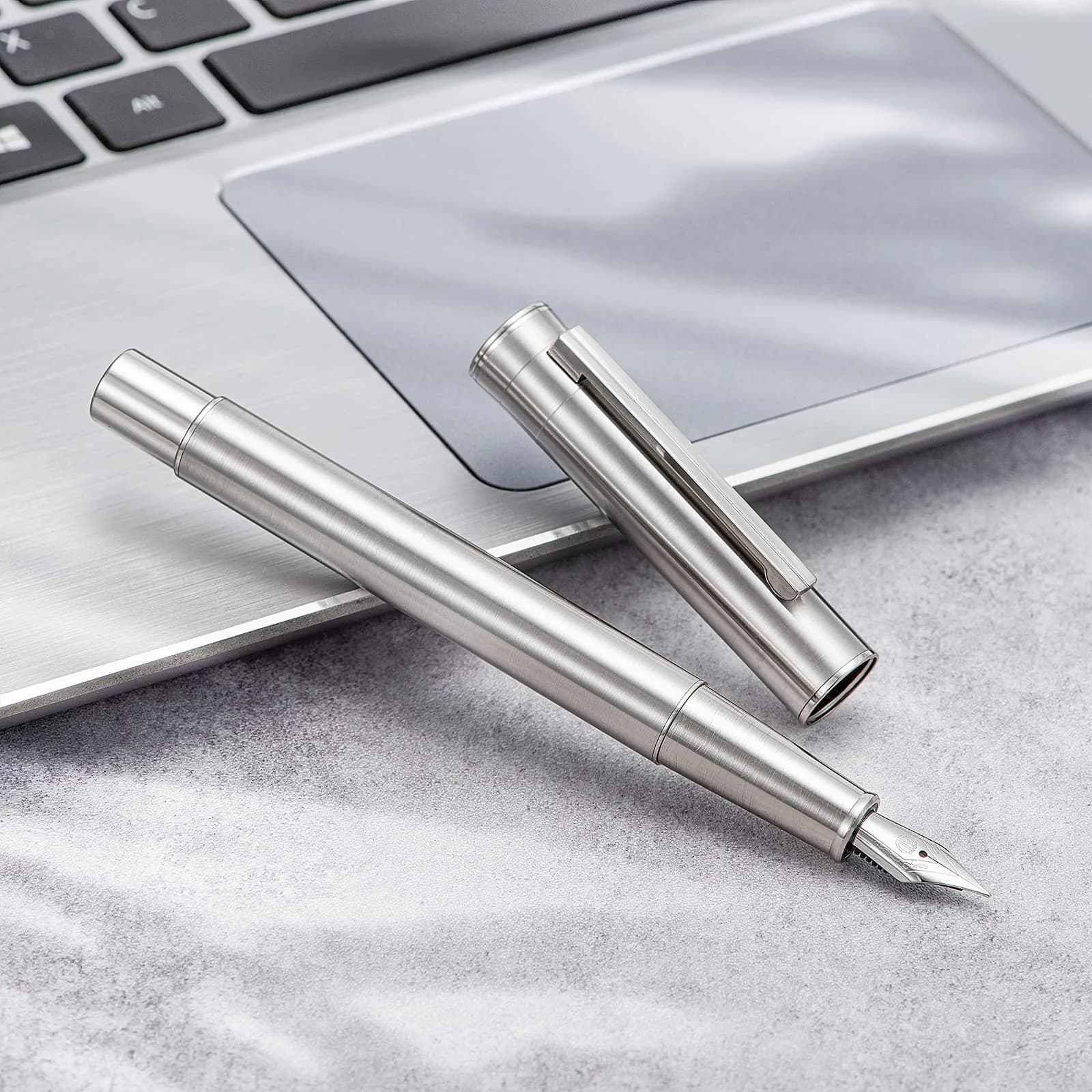 Asvine Hongdian 1861 Stainless Steel Fountain Pen Extra Fine Nib 13.6cm (5.35in) | Classic Design Smooth Writing Pen with Converter and Metal Pen Case Set - view 4