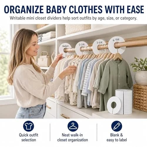 Sukh 30 Baby Closet Dividers Durable - Home Closet Organizer & Storage | White Plastic Rack Dividers, Large Hanger Labels, Hanging Clothes Size Dividers, for Boutique Settings & Nursery Essentials thumbnail 2