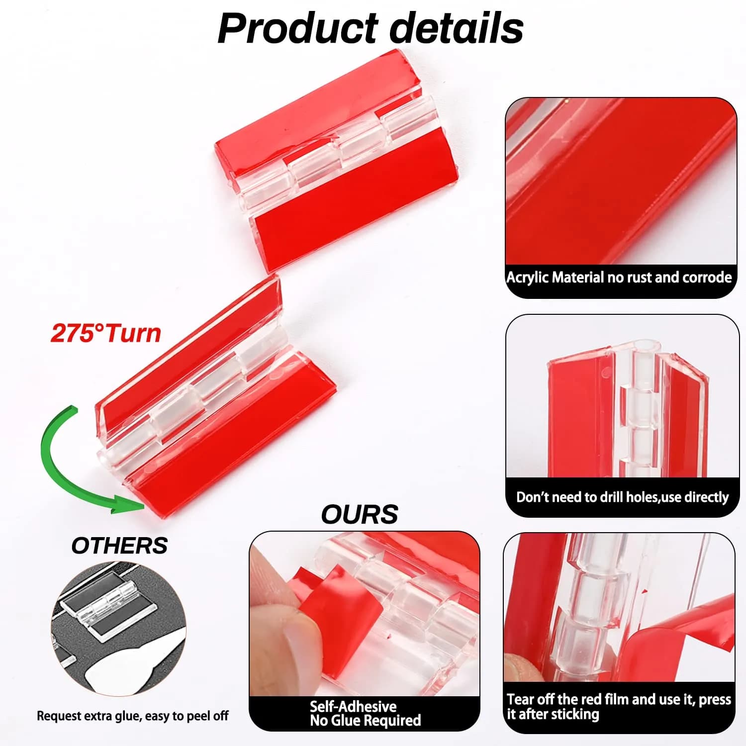 Sliverdew Transparent Acrylic Piano Hinges 45x35 mm (12-Pack) | Self-Adhesive Cabinet Door Hinges - view 4