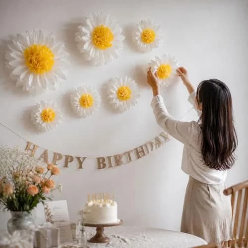 ANSOMO Daisy Tissue Paper Pom Poms Party Decorations White Yellow 12" & 8" | Pack of 10 for Celebrations thumbnail 4