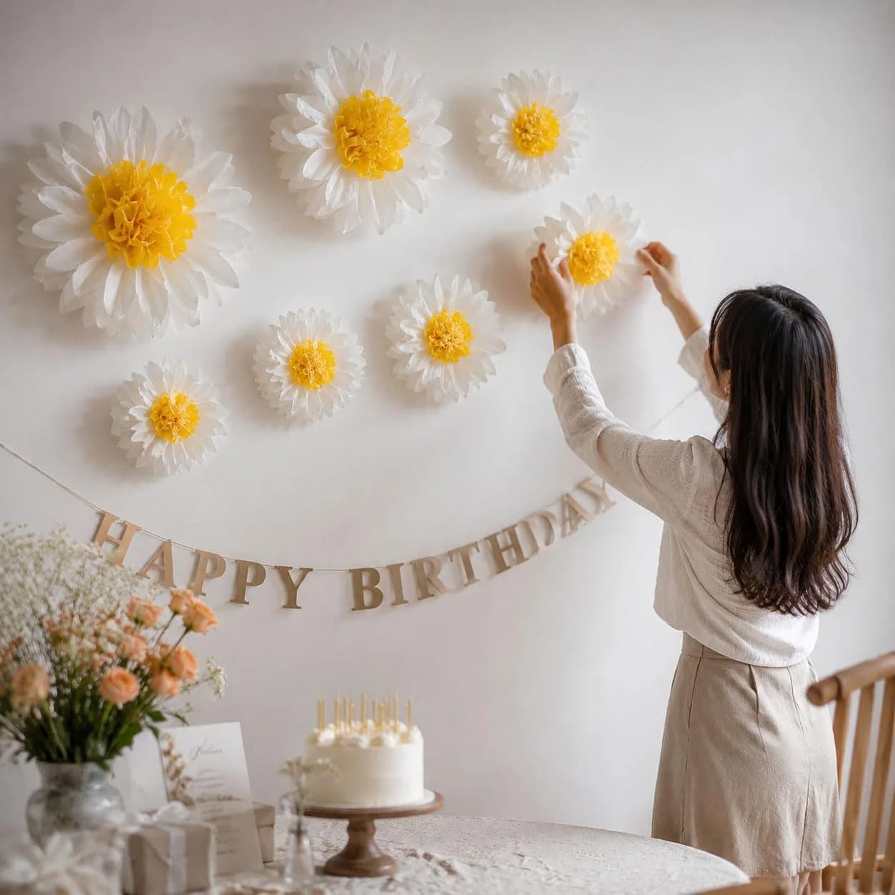 ANSOMO Daisy Tissue Paper Pom Poms Party Decorations White Yellow 12" & 8" | Pack of 10 for Celebrations - view 4