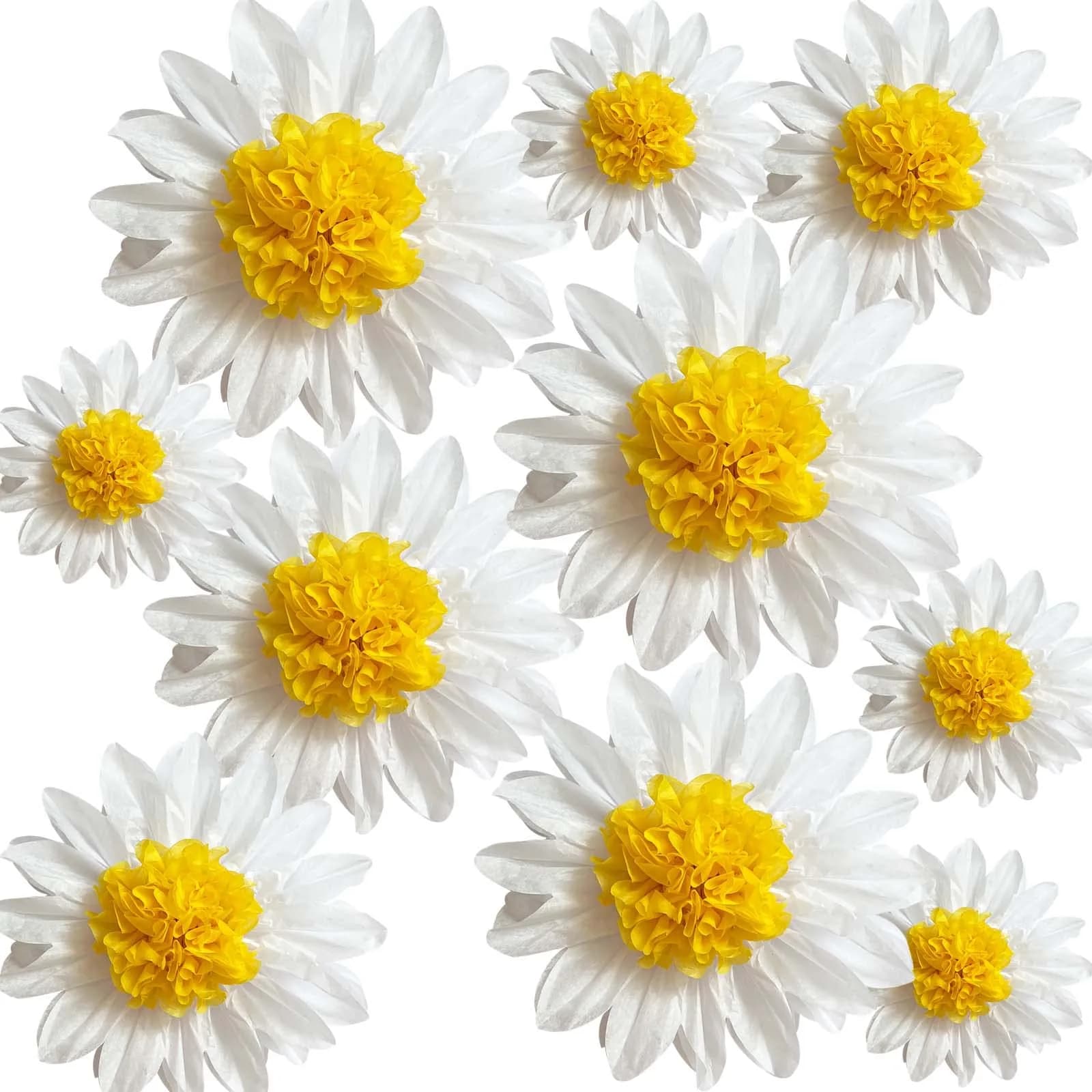 ANSOMO Daisy Tissue Paper Pom Poms Party Decorations White Yellow 12" & 8" | Pack of 10 for Celebrations - main product image