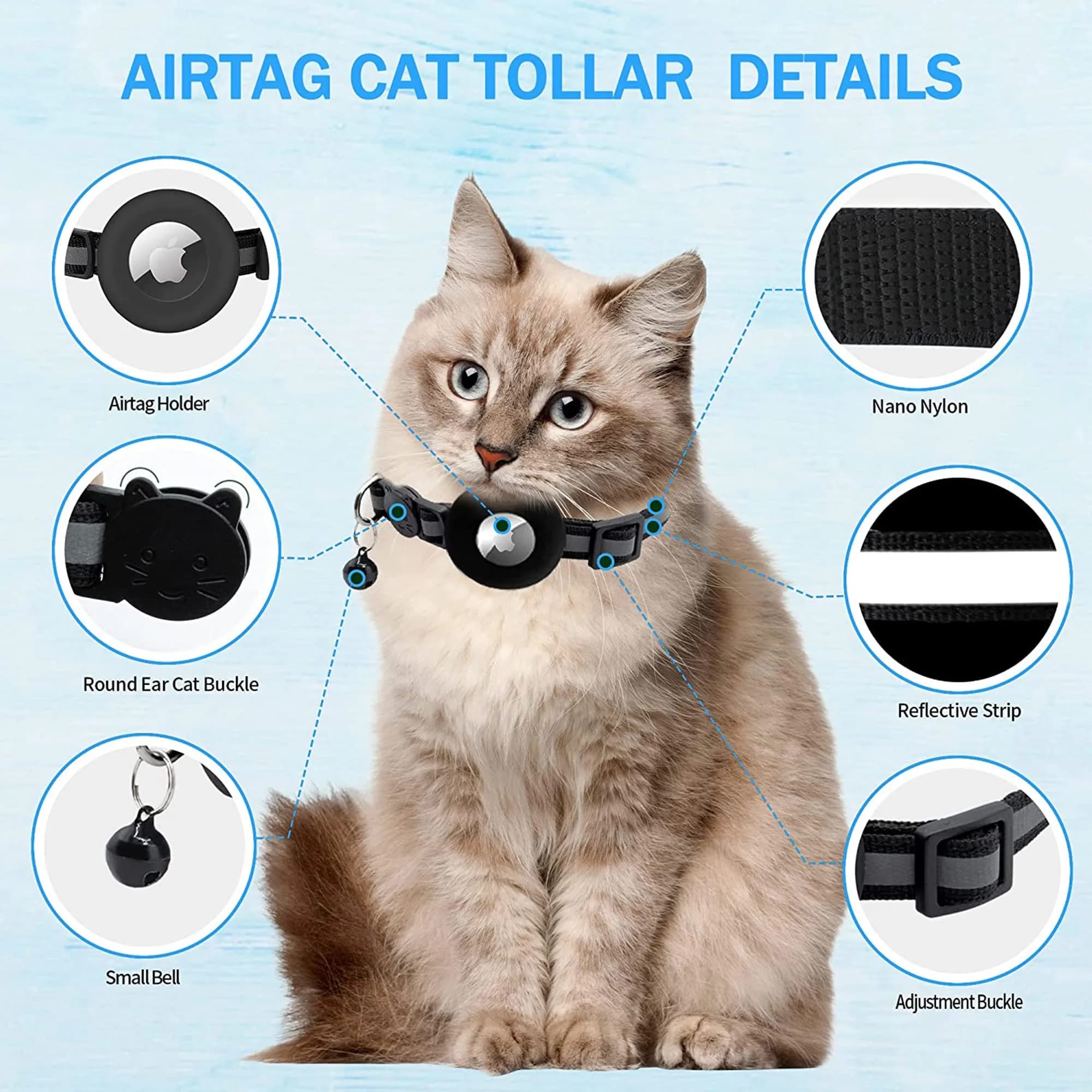 vyaji Airtag Cat Collar with Silicone Holder & Bell - Adjustable Nylon Breakaway Collar - Multicolor (4-Pack) - view 6
