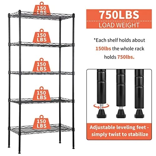 YYkokocat 5 Tier Storage Shelves | Adjustable Wire Shelf Rack 21.5 x 11.6 x 47.6 thumbnail 7