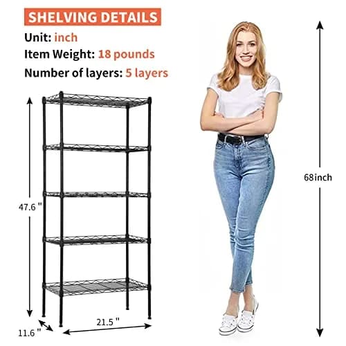 YYkokocat 5 Tier Storage Shelves | Adjustable Wire Shelf Rack 21.5 x 11.6 x 47.6 thumbnail 3