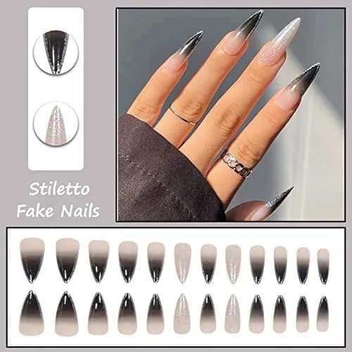 MISUD Press on Nails - Long Stiletto Goth Black with Glitter | Acrylic Bling Design for Women & Teens thumbnail 4