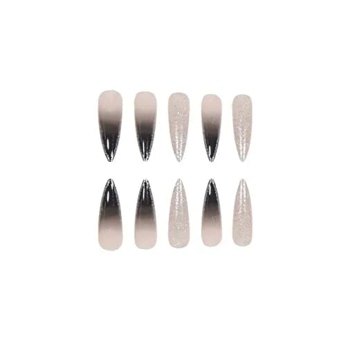 MISUD Press on Nails - Long Stiletto Goth Black with Glitter | Acrylic Bling Design for Women & Teens thumbnail 2