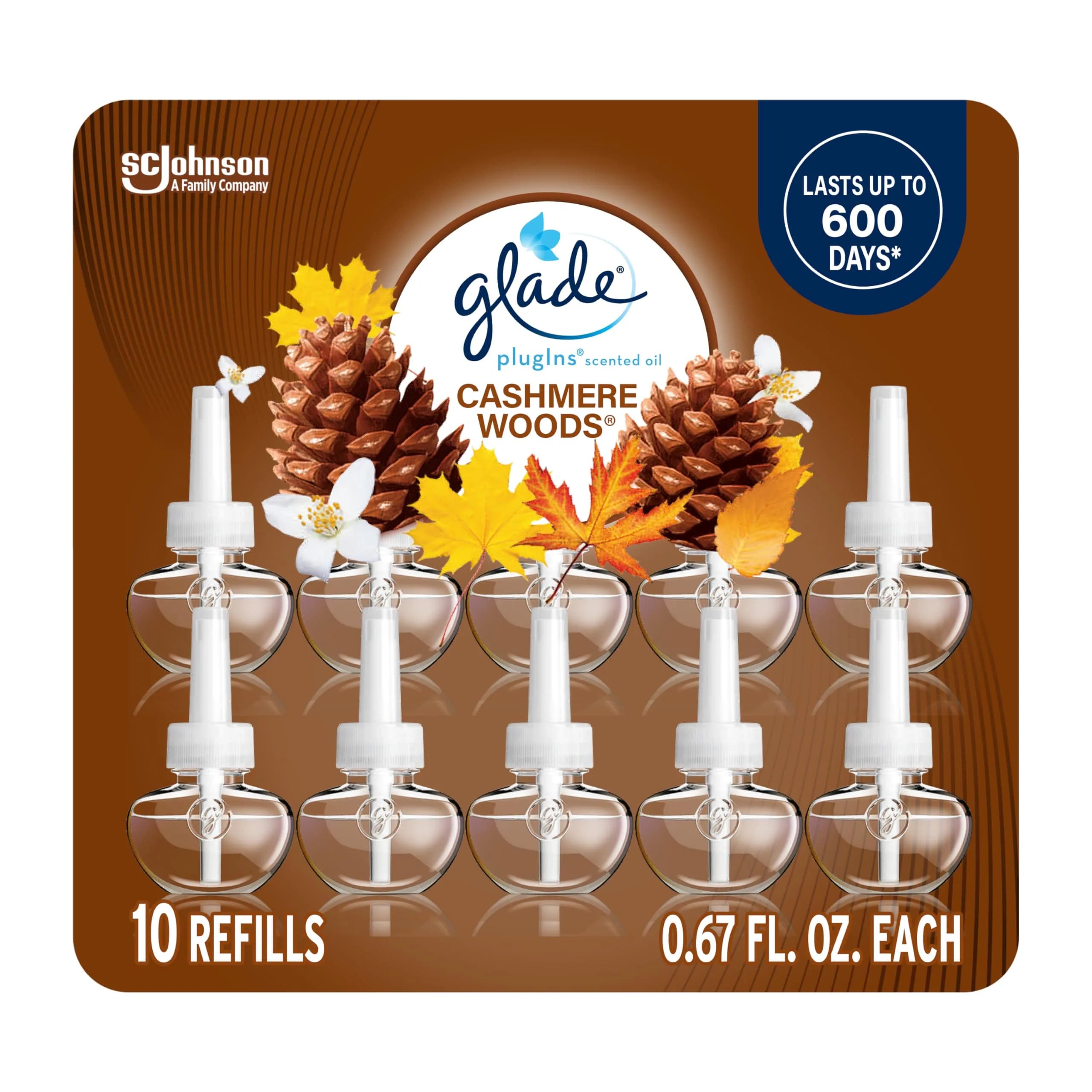 Glade PlugIns Refills Air Freshener, Cashmere Woods Scent, 10 Count | Essential Oils for Home & Bathroom - main product image