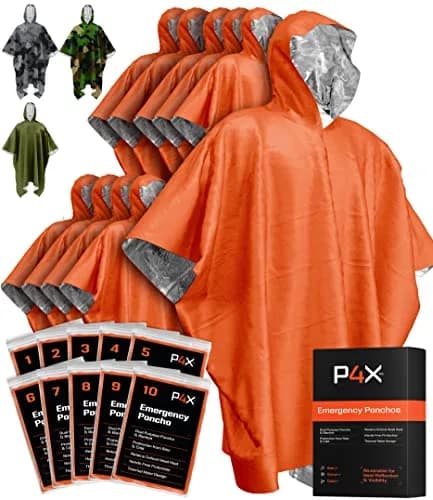 PREPARED4X Emergency Mylar Poncho 10-Pack (Orange) | Survival Rain Poncho with Hood for Hiking & Camping thumbnail 1