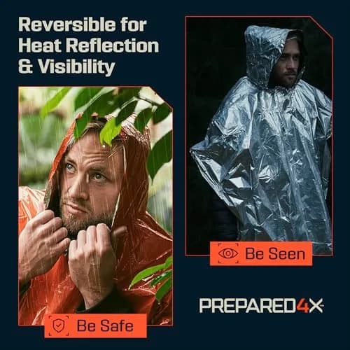 PREPARED4X Emergency Mylar Poncho 10-Pack (Orange) | Survival Rain Poncho with Hood for Hiking & Camping thumbnail 4