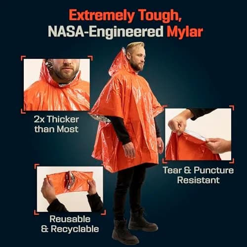 PREPARED4X Emergency Mylar Poncho 10-Pack (Orange) | Survival Rain Poncho with Hood for Hiking & Camping thumbnail 5