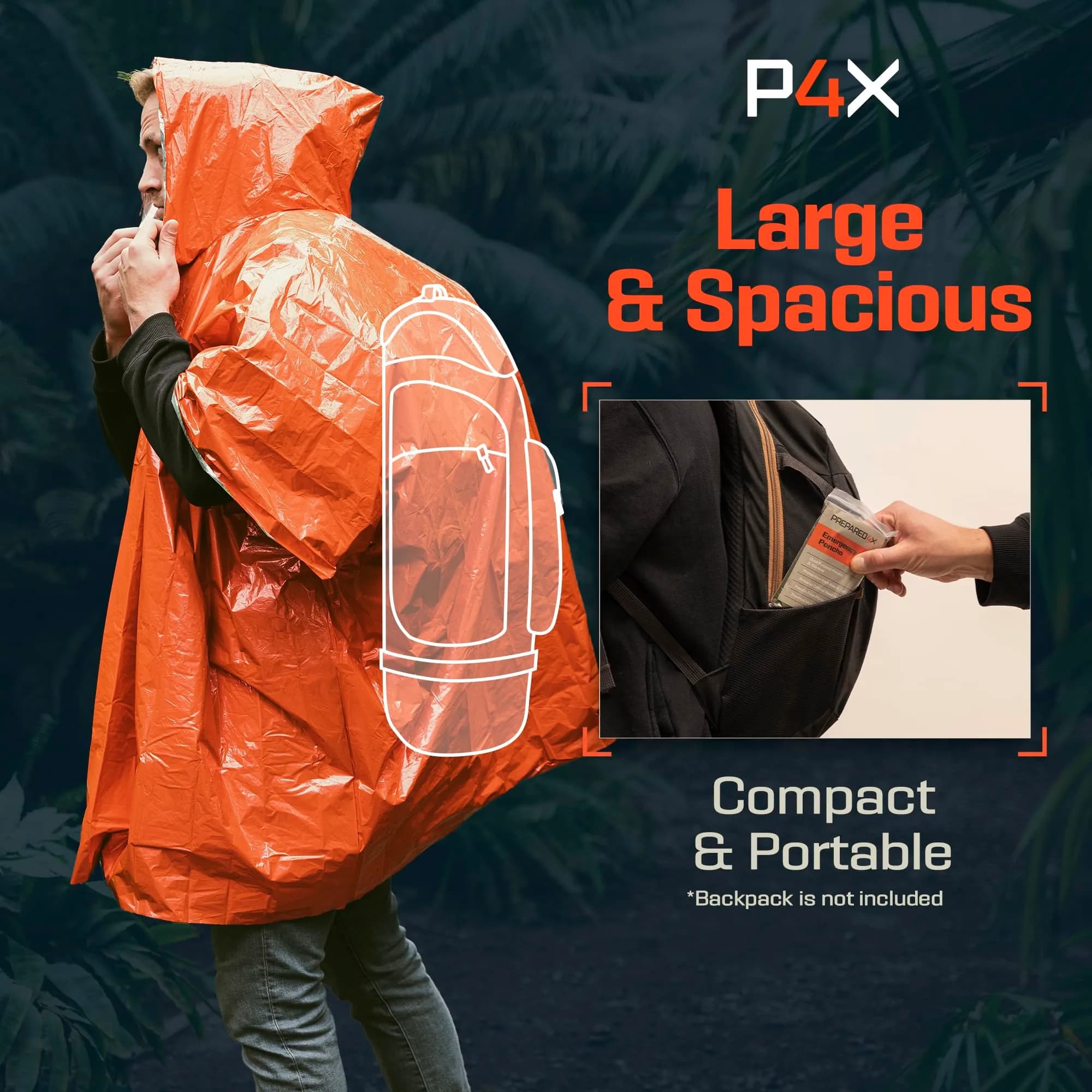 PREPARED4X Emergency Mylar Poncho 10-Pack (Orange) | Survival Rain Poncho with Hood for Hiking & Camping - view 7