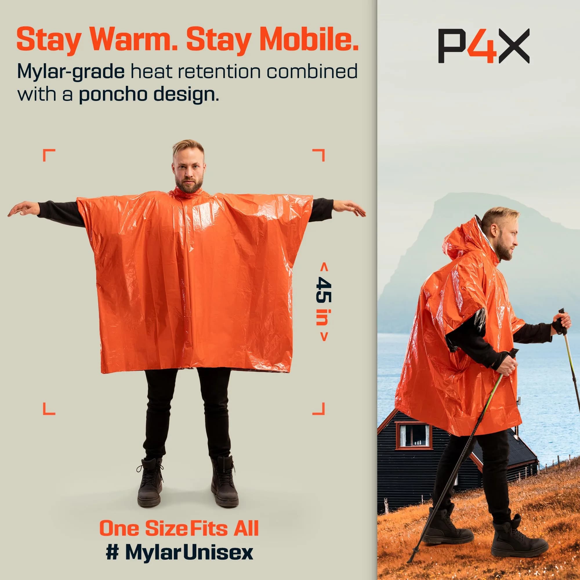 PREPARED4X Emergency Mylar Poncho 10-Pack (Orange) | Survival Rain Poncho with Hood for Hiking & Camping - view 2