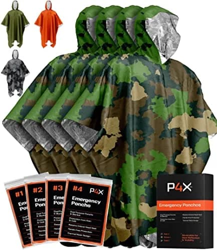 PREPARED4X Emergency Poncho with Mylar Blanket Liner 4-Pack (Green Camo) | Waterproof & Wind-Resistant for Camping & Survival thumbnail 1