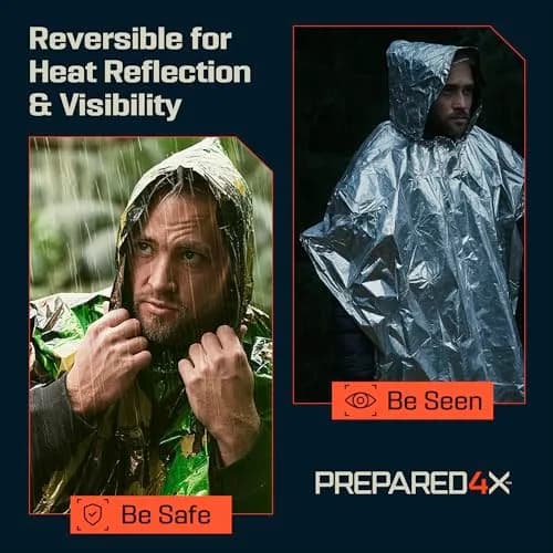 PREPARED4X Emergency Poncho with Mylar Blanket Liner 4-Pack (Green Camo) | Waterproof & Wind-Resistant for Camping & Survival thumbnail 4