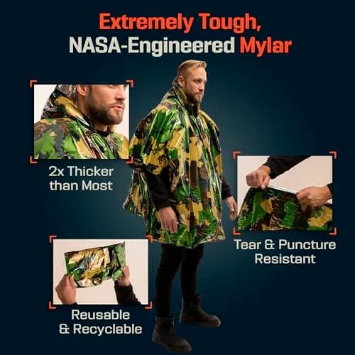 PREPARED4X Emergency Poncho with Mylar Blanket Liner 4-Pack (Green Camo) | Waterproof & Wind-Resistant for Camping & Survival thumbnail 5