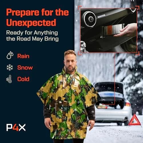 PREPARED4X Emergency Poncho with Mylar Blanket Liner 4-Pack (Green Camo) | Waterproof & Wind-Resistant for Camping & Survival thumbnail 6