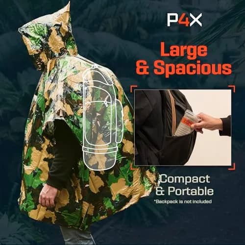 PREPARED4X Emergency Poncho with Mylar Blanket Liner 4-Pack (Green Camo) | Waterproof & Wind-Resistant for Camping & Survival thumbnail 7