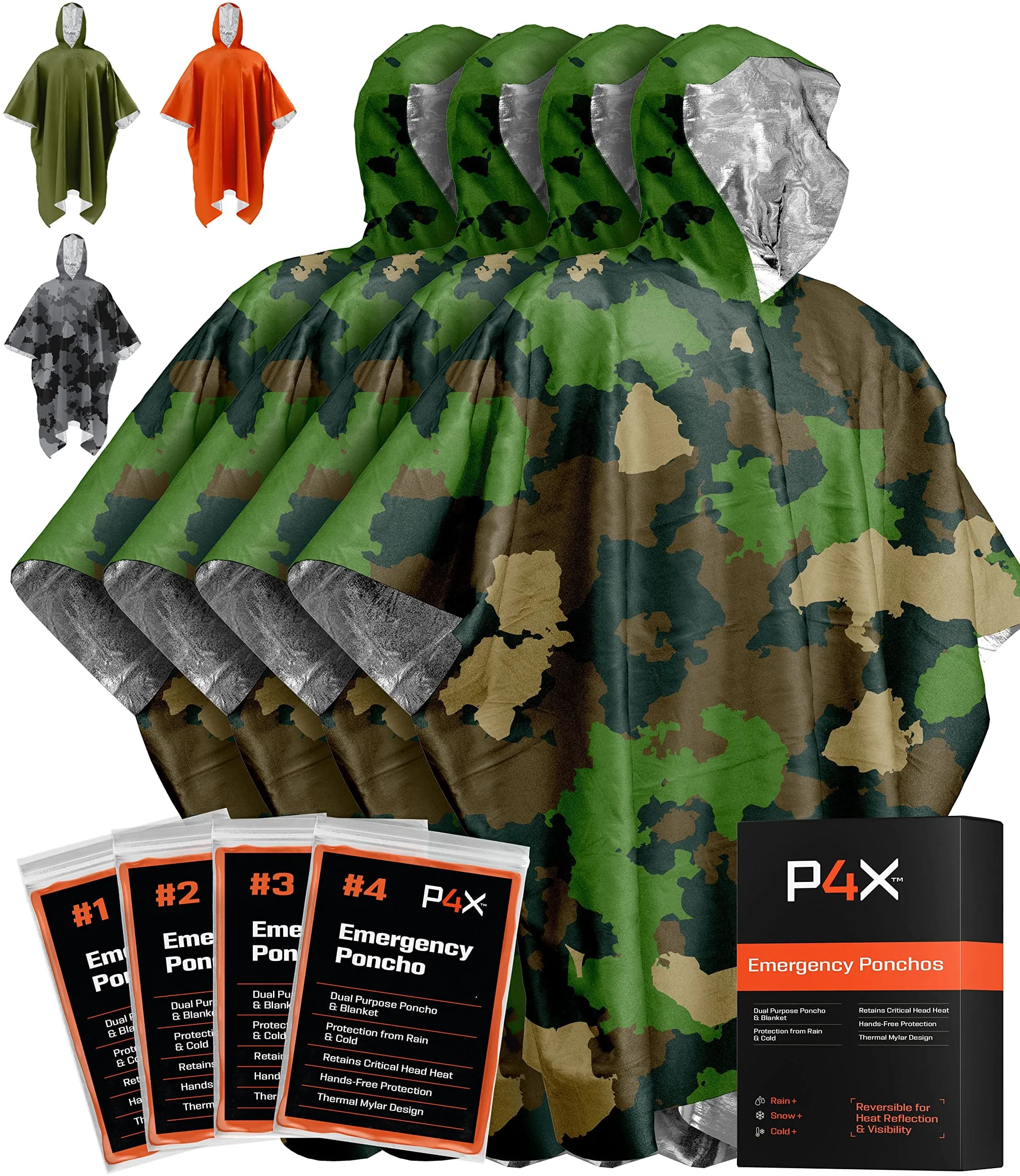 PREPARED4X Emergency Poncho with Mylar Blanket Liner 4-Pack (Green Camo) | Waterproof & Wind-Resistant for Camping & Survival