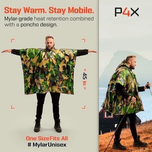 PREPARED4X Emergency Poncho with Mylar Blanket Liner 4-Pack (Green Camo) | Waterproof & Wind-Resistant for Camping & Survival thumbnail 2