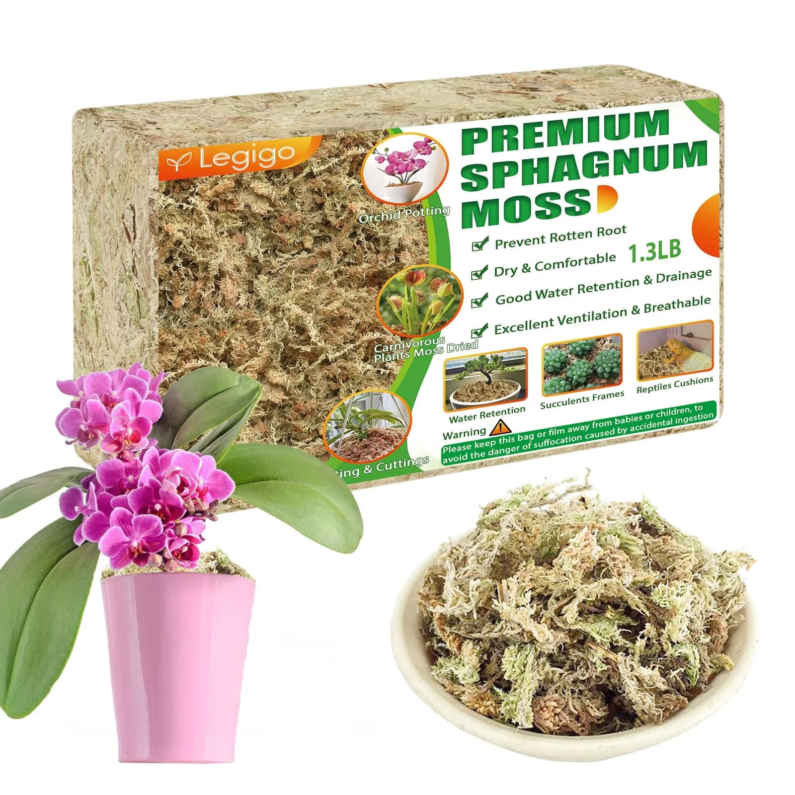 Legigo Premium Sphagnum Moss - 25 Quart (1.3 lb) Natural Long Fiber Orchid & Succulent Soil - main product image