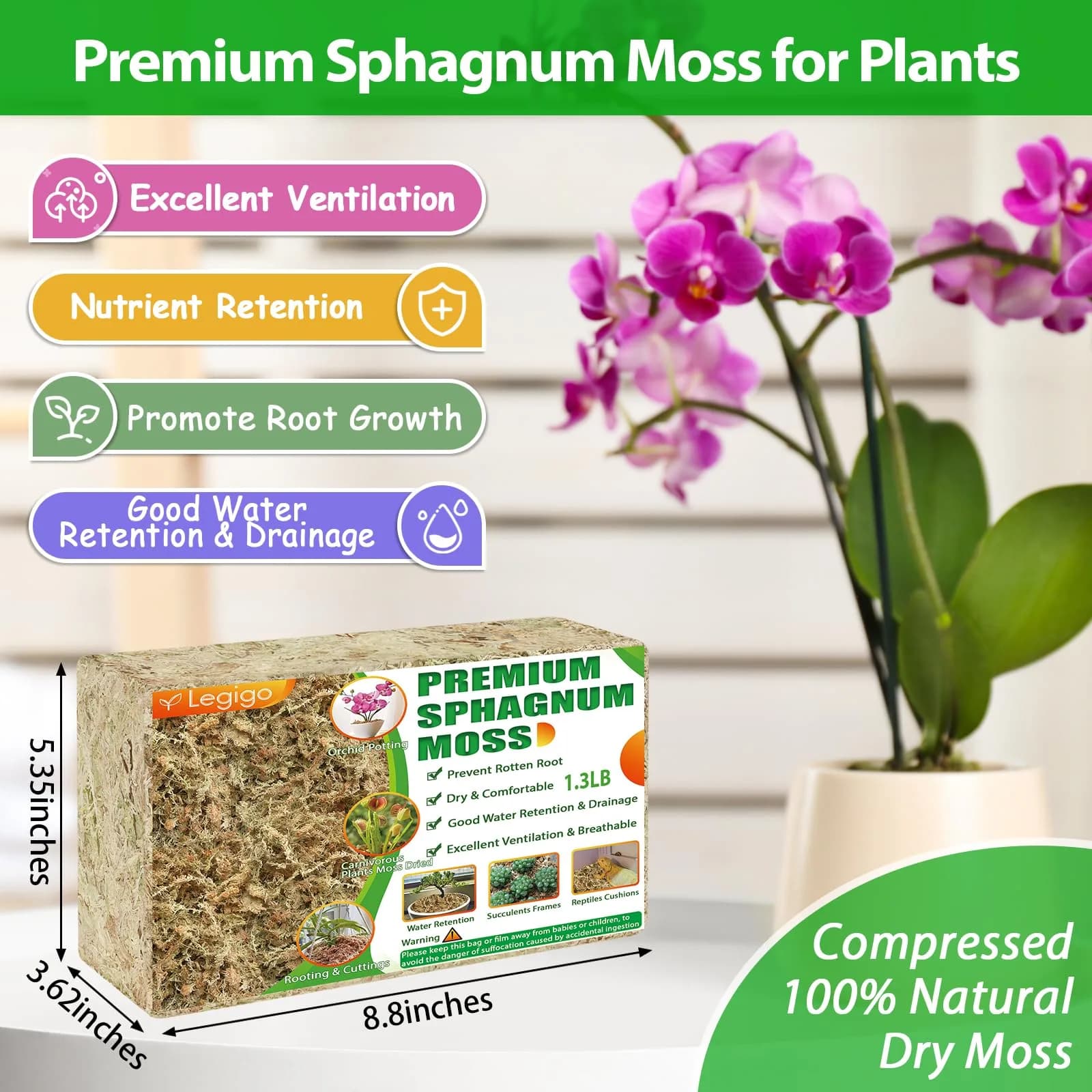 Legigo Premium Sphagnum Moss - 25 Quart (1.3 lb) Natural Long Fiber Orchid & Succulent Soil - view 2