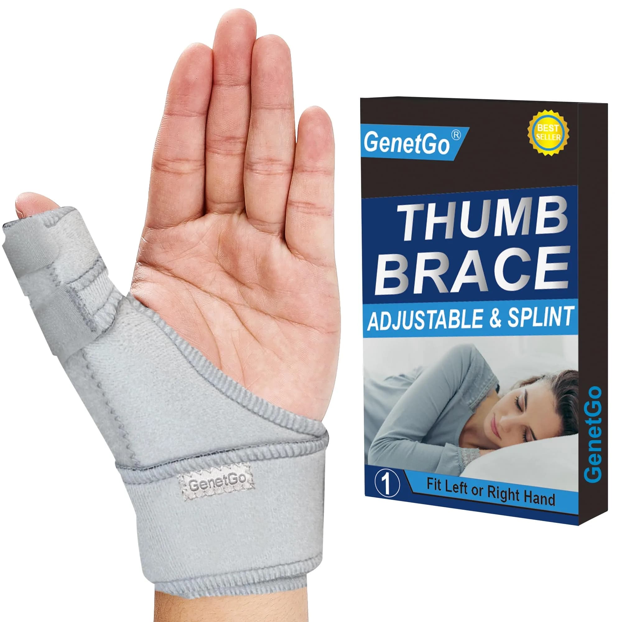 GenetGo Trigger Thumb Splint Brace Grey One Size | Supports Pain, Sprains, Arthritis, Tendonitis - main product image