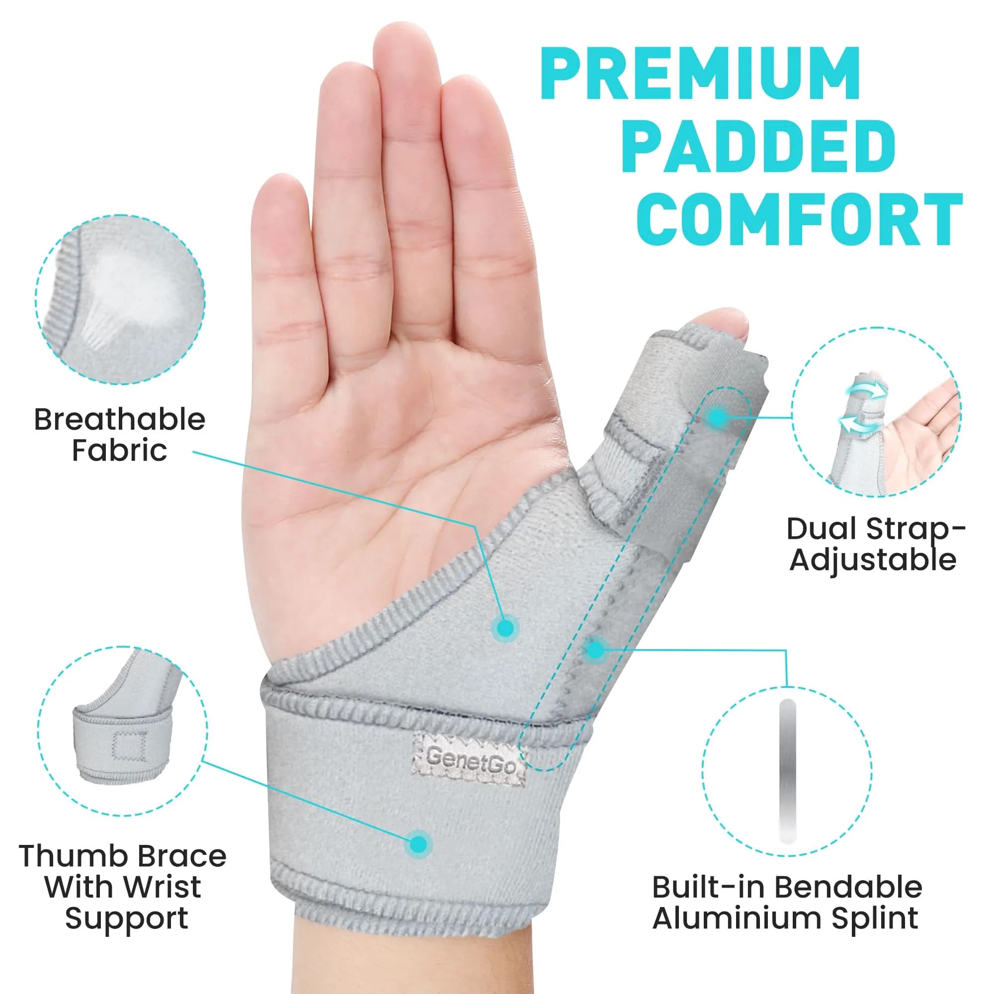 GenetGo Trigger Thumb Splint Brace Grey One Size | Supports Pain, Sprains, Arthritis, Tendonitis - view 3