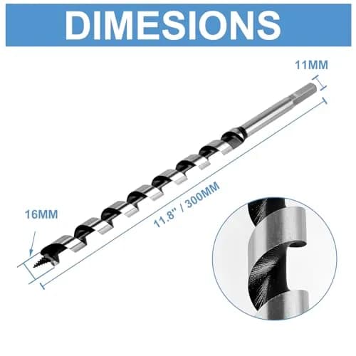 Masendelk 16mm x 300mm (5/8" x 12") Wood Auger Drill Bit with 11mm Hex Shank | Carbon Steel for Hardwood & Softwood thumbnail 5