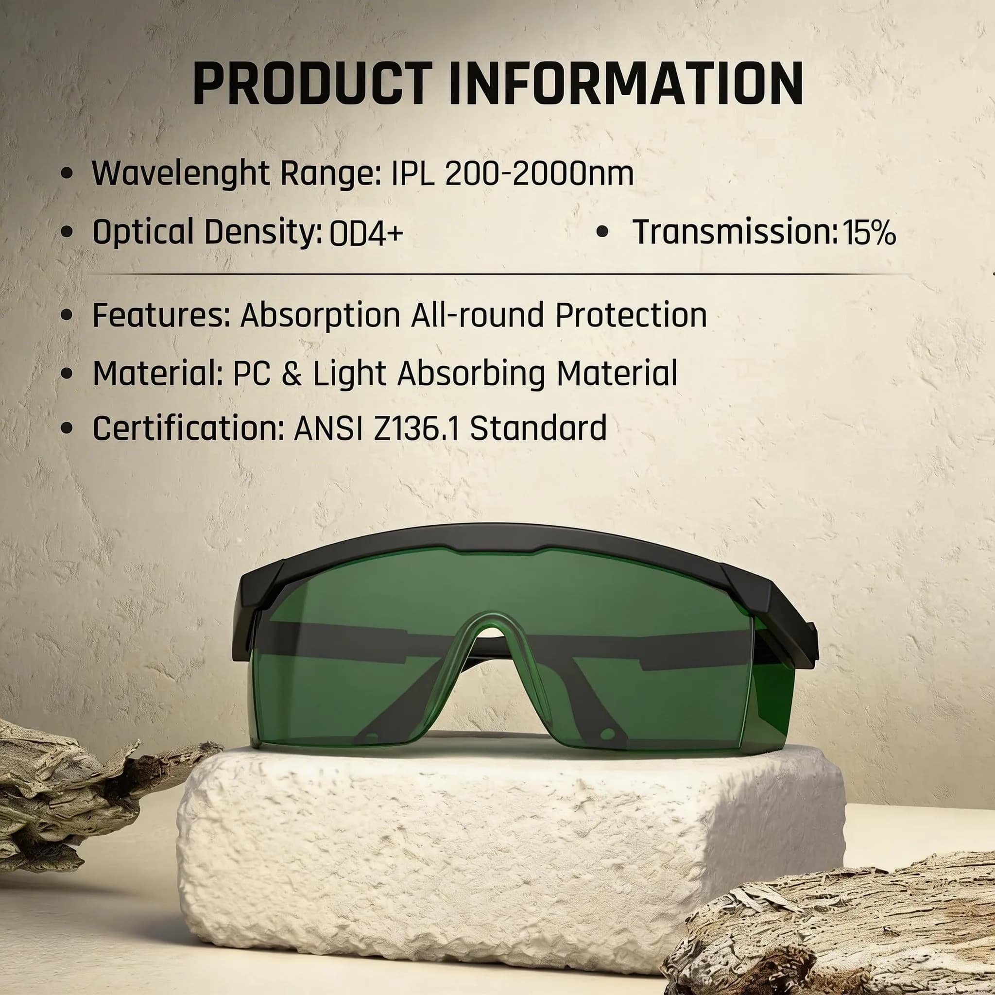 TOREGE Black & Green Laser Safety Glasses, IPL 200nm-2000nm, OD5+, ANSI Z87.1 Certified - view 2