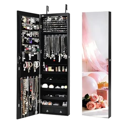 NAFORT Jewelry Armoire with Full Length Mirror | Lockable Wall & Door Mount, LED Lights, 2 Drawers, 47.5"H, Black thumbnail 1