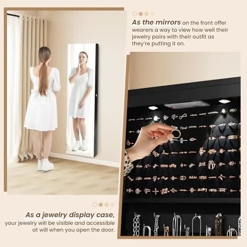 NAFORT Jewelry Armoire with Full Length Mirror | Lockable Wall & Door Mount, LED Lights, 2 Drawers, 47.5"H, Black thumbnail 5
