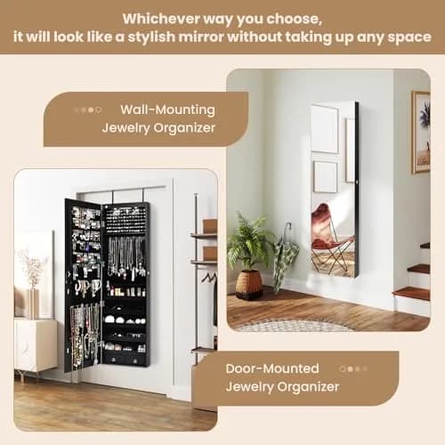 NAFORT Jewelry Armoire with Full Length Mirror | Lockable Wall & Door Mount, LED Lights, 2 Drawers, 47.5"H, Black thumbnail 6