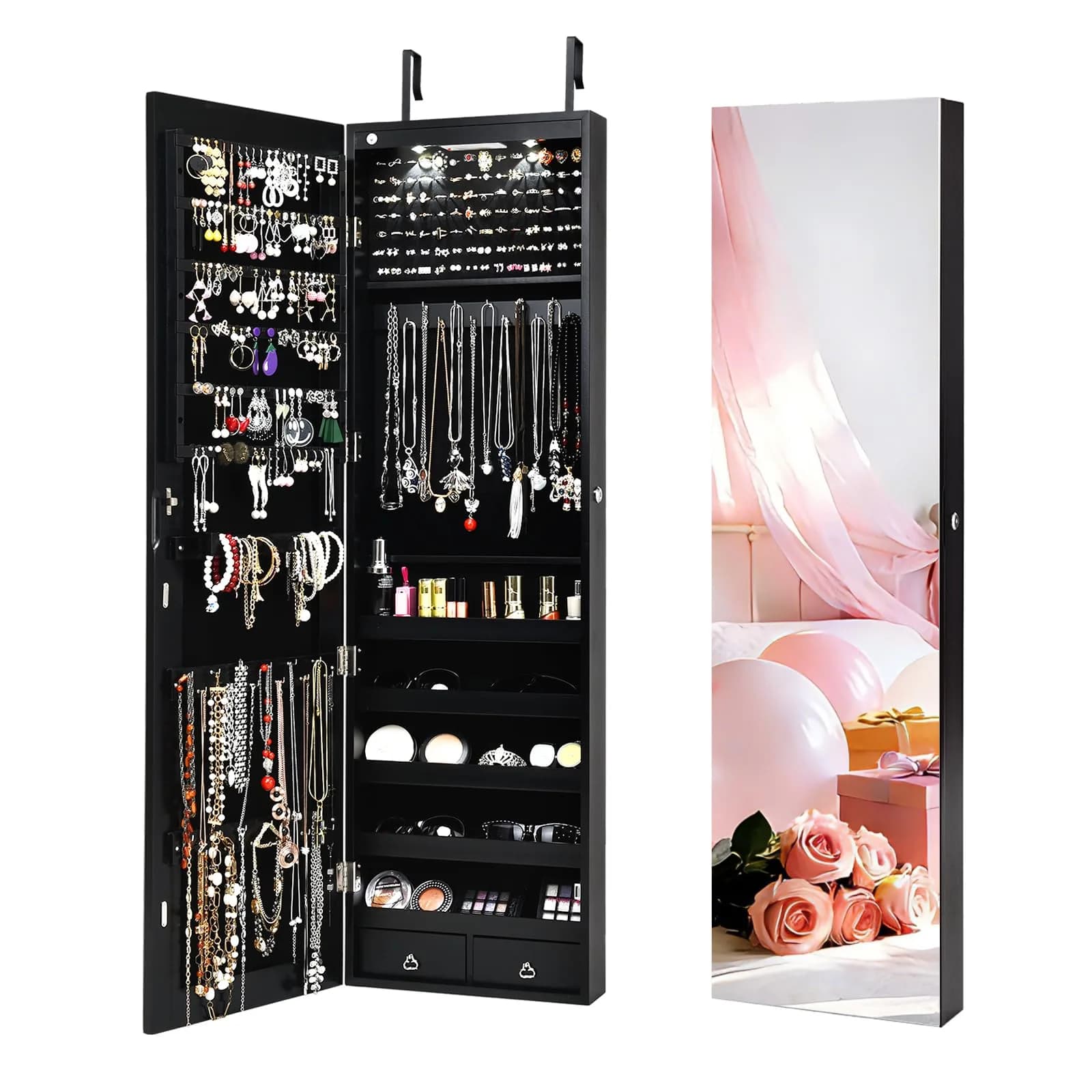 NAFORT Jewelry Armoire with Full Length Mirror | Lockable Wall & Door Mount, LED Lights, 2 Drawers, 47.5"H, Black