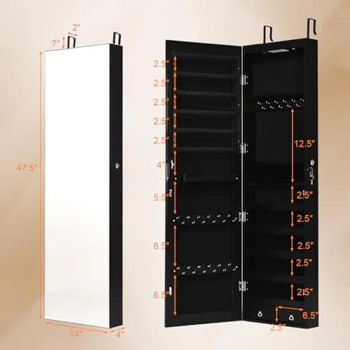 NAFORT Jewelry Armoire with Full Length Mirror | Lockable Wall & Door Mount, LED Lights, 2 Drawers, 47.5"H, Black thumbnail 8