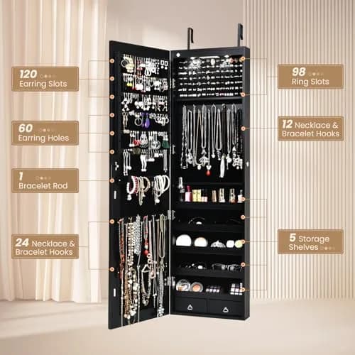 NAFORT Jewelry Armoire with Full Length Mirror | Lockable Wall & Door Mount, LED Lights, 2 Drawers, 47.5"H, Black thumbnail 2