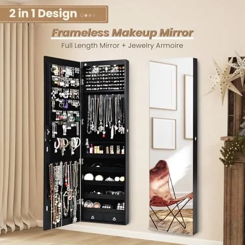 NAFORT Jewelry Armoire with Full Length Mirror | Lockable Wall & Door Mount, LED Lights, 2 Drawers, 47.5"H, Black thumbnail 3