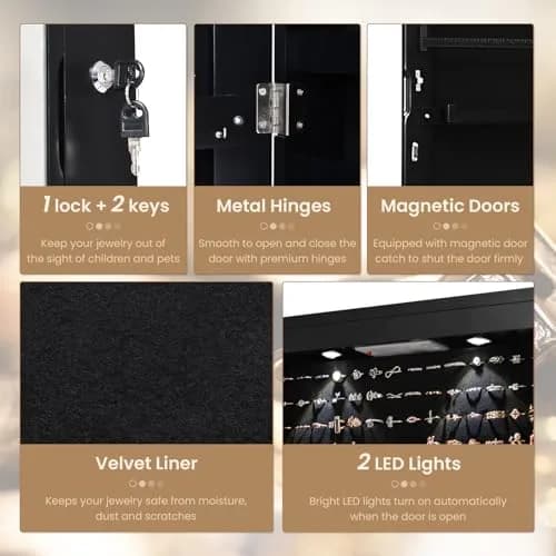 NAFORT Jewelry Armoire with Full Length Mirror | Lockable Wall & Door Mount, LED Lights, 2 Drawers, 47.5"H, Black thumbnail 4