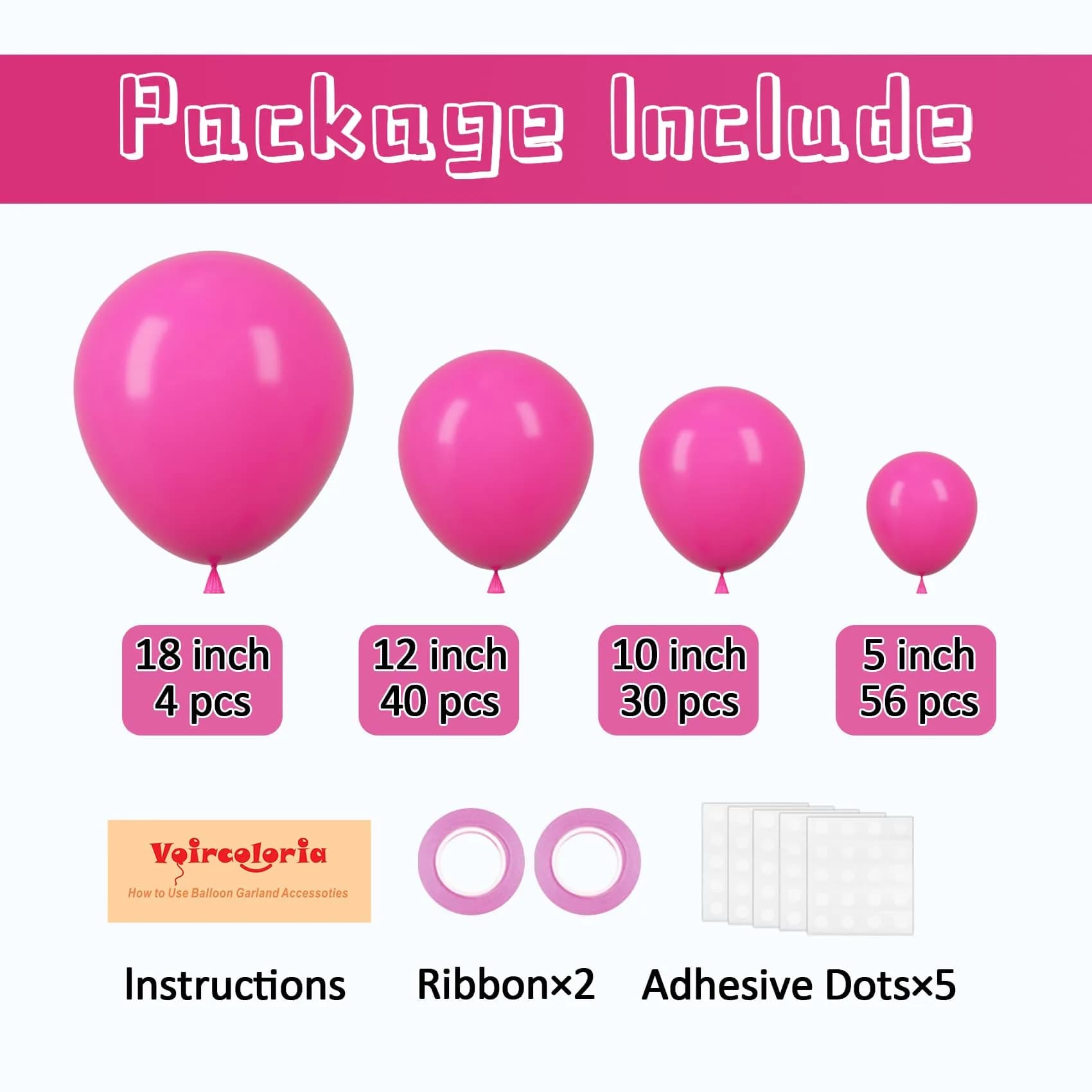 Voircoloria Hot Pink Balloons 130pcs Assorted Sizes Pack | Retro Pink Balloon Garland Kit for Party Decorations - view 2