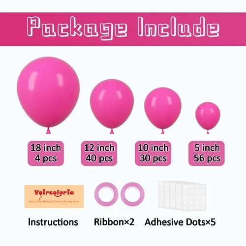 Voircoloria Hot Pink Balloons Garland Arch Kit 130pcs | Assorted Sizes 5-18 Inch thumbnail 2