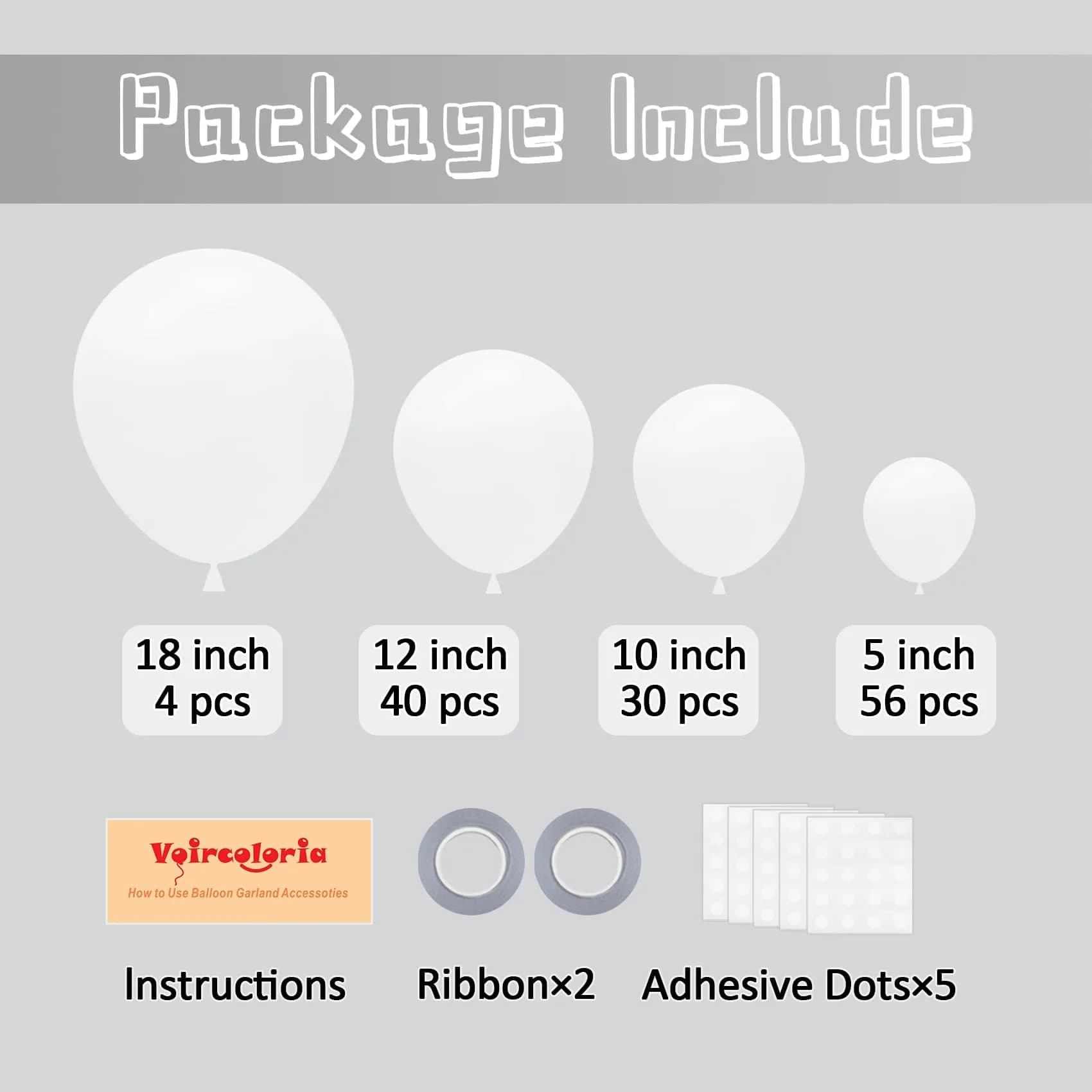 Voircoloria 130pc White Balloon Garland Kit | Assorted 5/10/12/18 inch Retro Party Balloons by Voircoloria - view 2