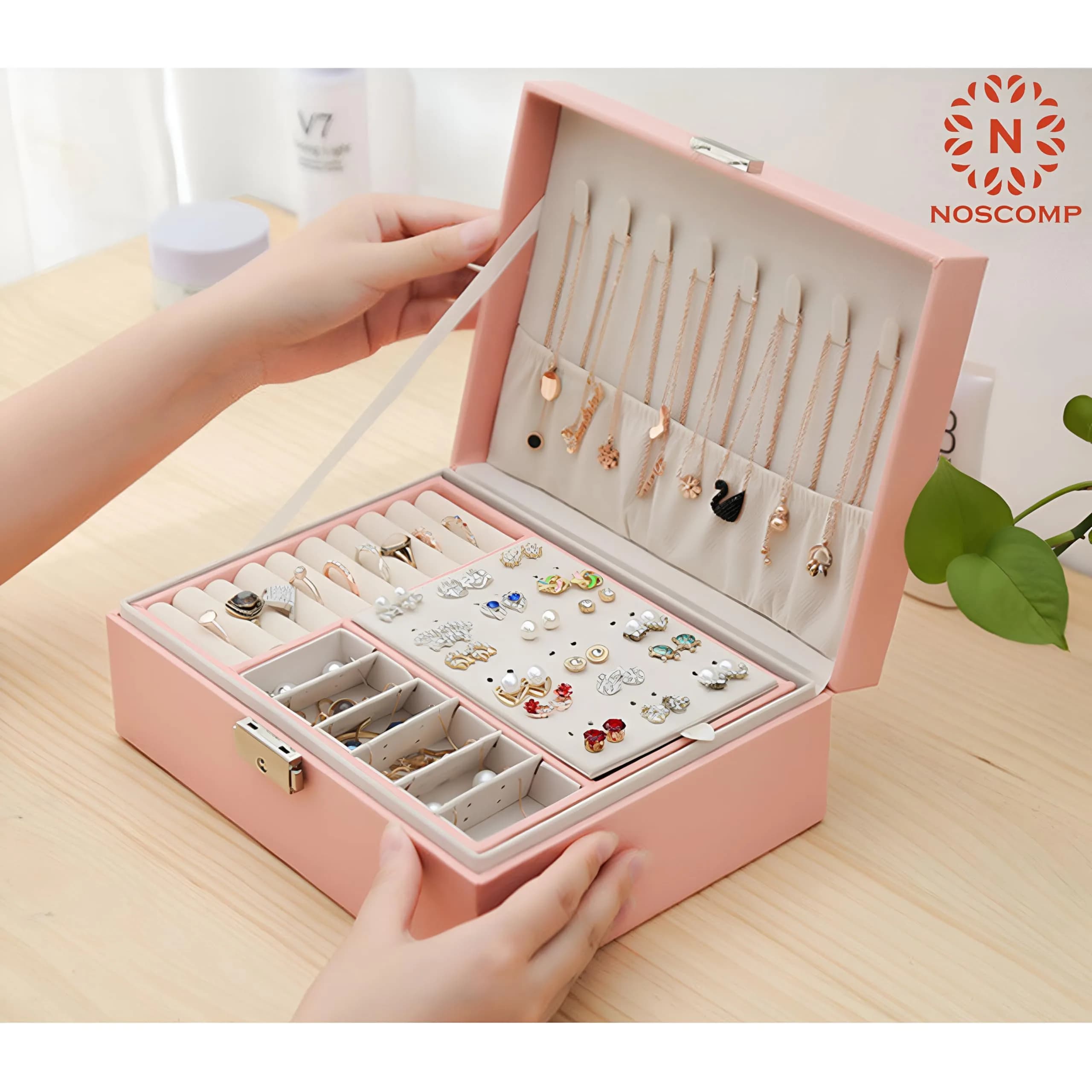 NOSCOMP Faux Leather Jewelry Organizer Box with Dividers, Portable Case 25cm (9.8") | Keeps Jewelry Tangle-Free - view 5