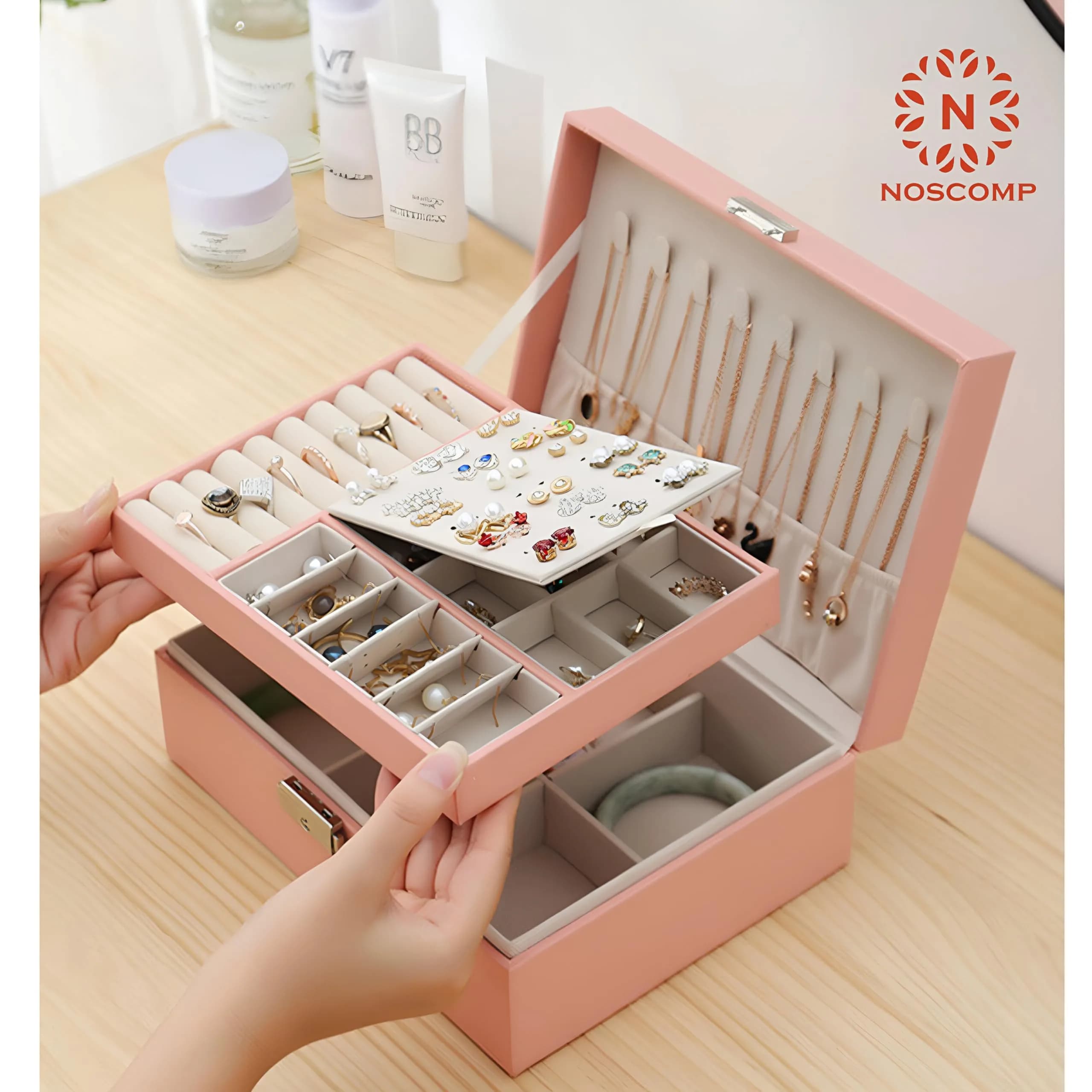 NOSCOMP Faux Leather Jewelry Organizer Box with Dividers, Portable Case 25cm (9.8") | Keeps Jewelry Tangle-Free - view 6