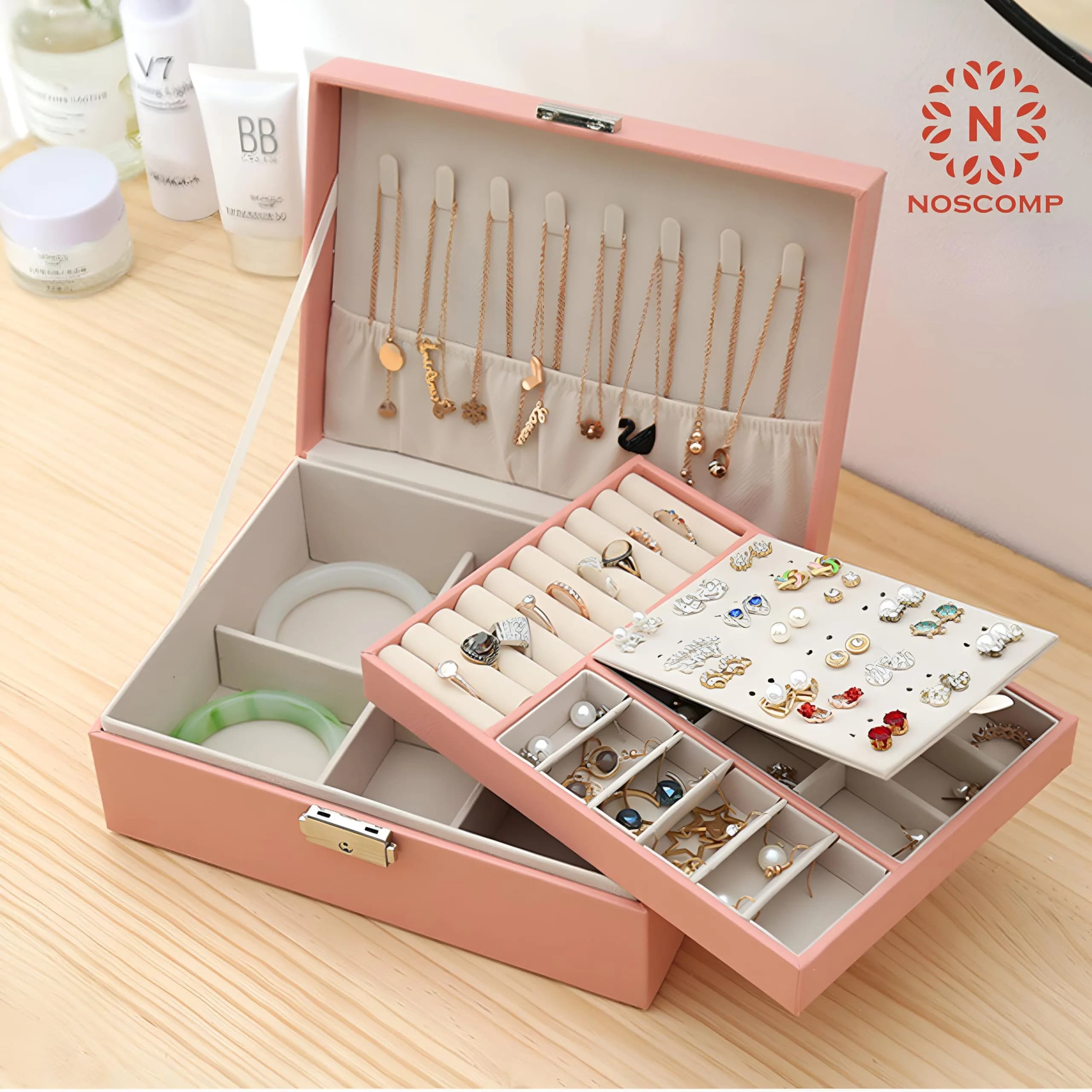 NOSCOMP Faux Leather Jewelry Organizer Box with Dividers, Portable Case 25cm (9.8") | Keeps Jewelry Tangle-Free - view 2